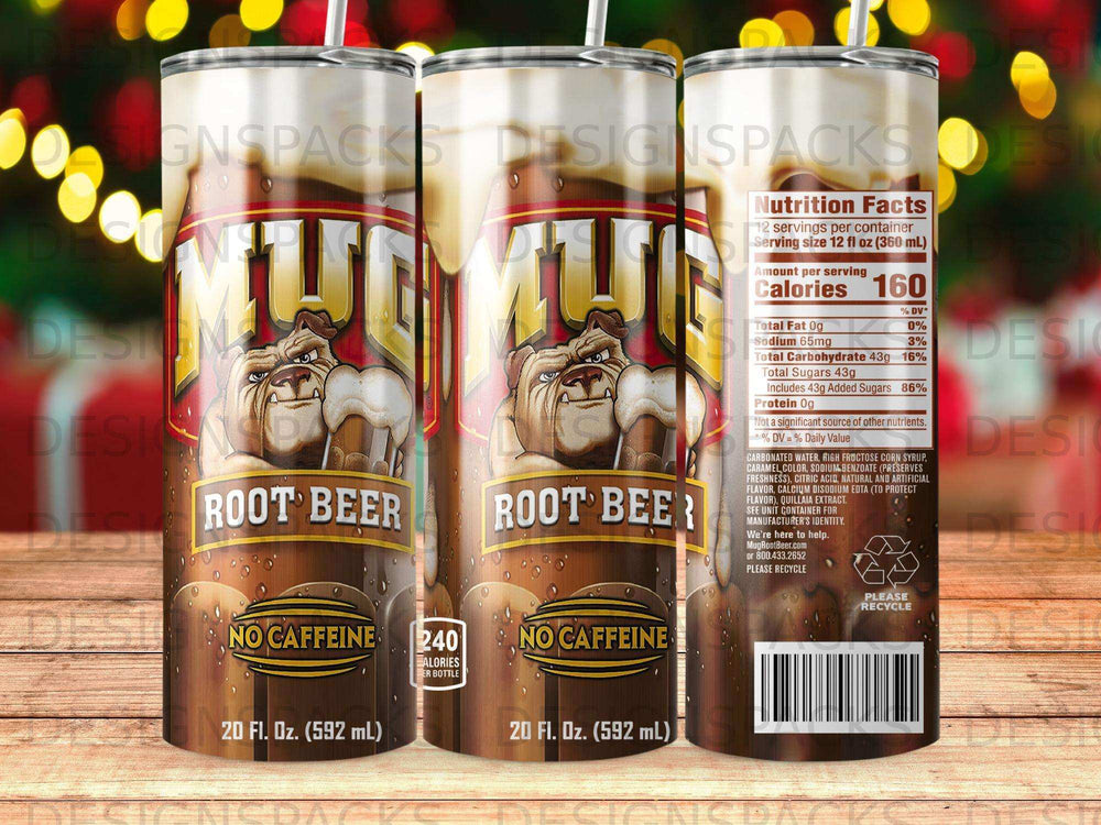 Mug Root Beer 20 fl oz bottle with nutrition facts and ingredient list.