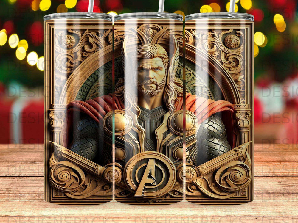 Thor in ornate armor with Avengers logo on a tumbler.