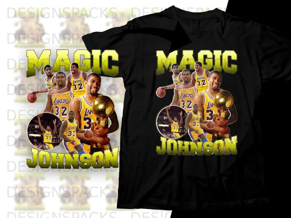 Magic Johnson with championship trophy wearing Lakers jersey, featured on a black t-shirt.