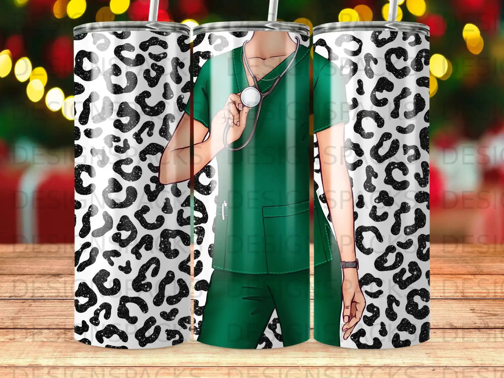 Nurse in green scrubs holding stethoscope against leopard print background.