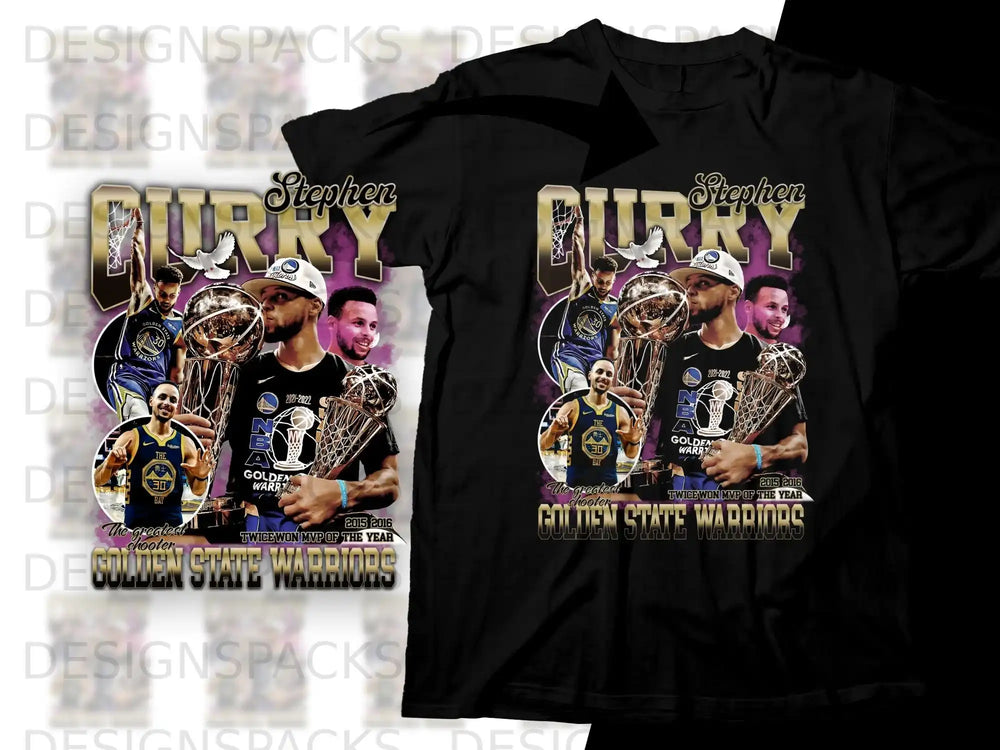 Stephen Curry Golden State Warriors t-shirt with trophies and "The greatest shooter" text.