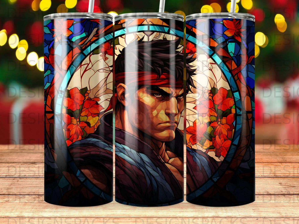 Stained glass style portrait of Ryu from Street Fighter with cherry blossoms.
