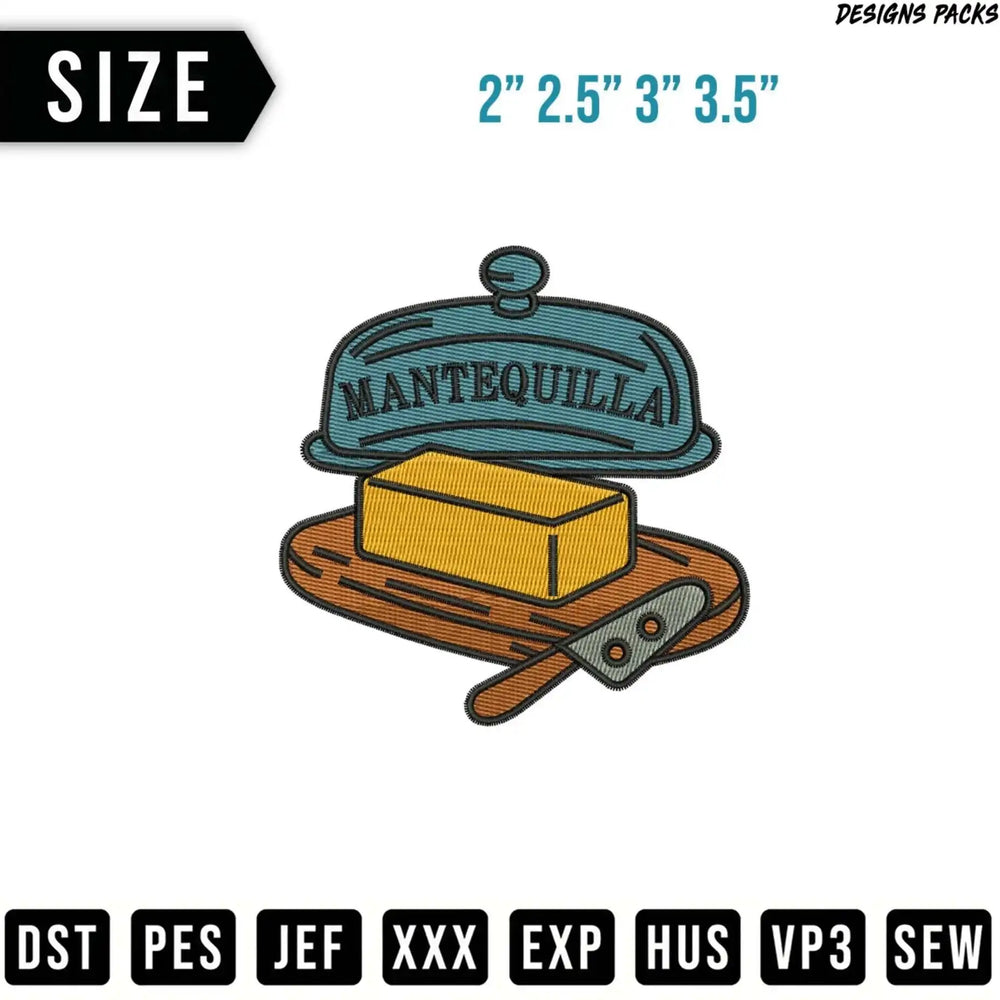 Embroidery design of butter dish with knife; sizes 2" to 3.5".
