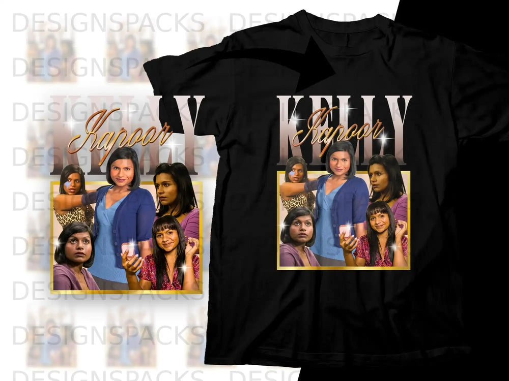 Mindy Kaling in purple top and blue jacket with cast, "Kapoopoo" text.