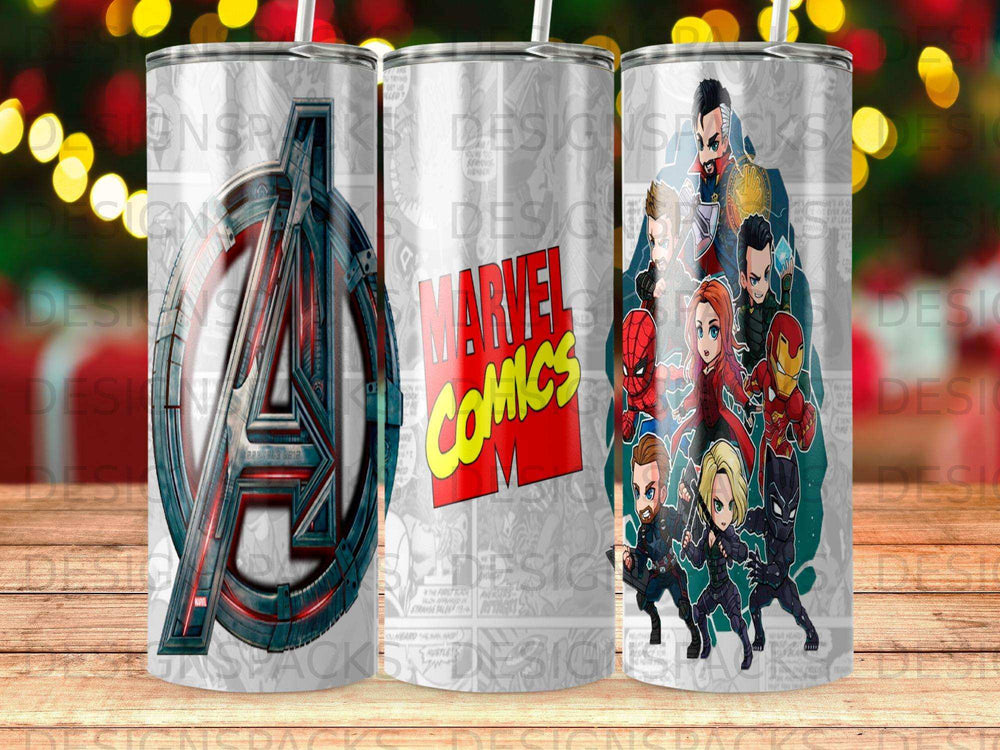 Avengers logo and comic characters on a tumbler.