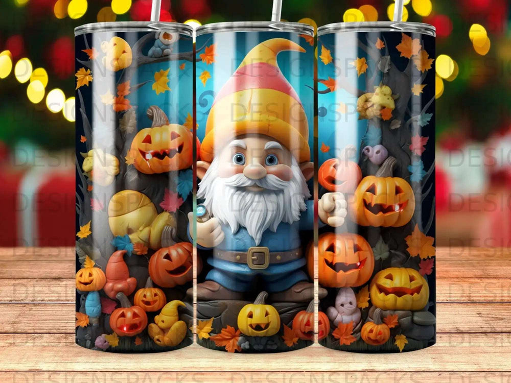 Gnome with pumpkins and autumn leaves on Halloween-themed tumbler.