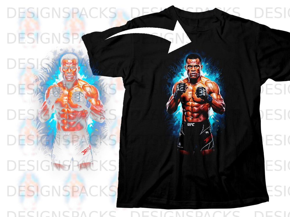 Black t-shirt featuring UFC fighter Israel Adesanya artwork with blue, fiery background.