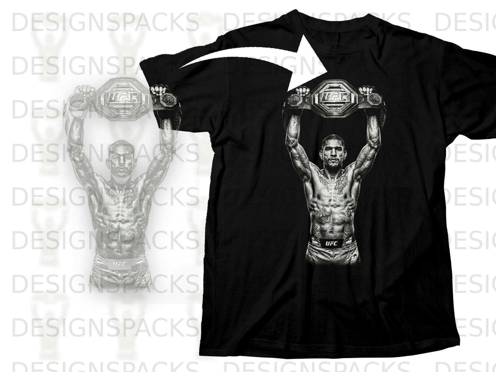 Black t-shirt with fighter holding UFC championship belt.
