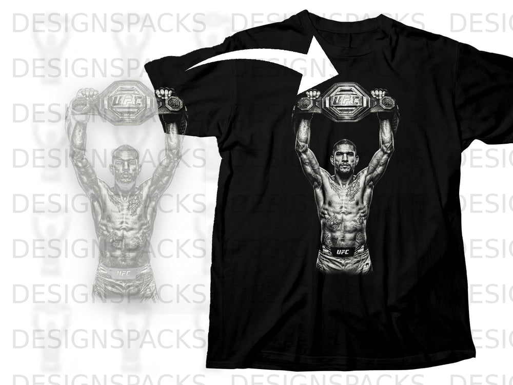 Black t-shirt with fighter holding UFC championship belt.
