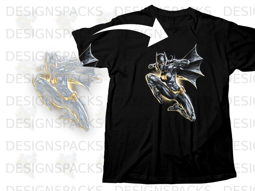 Black t-shirt with a dynamic illustration of Batgirl in mid-air.