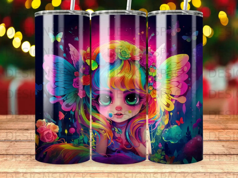 Whimsical fairy girl with rainbow hair and butterfly wings, surrounded by flowers.