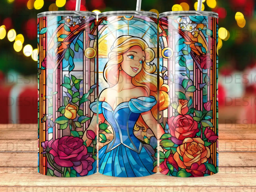 Cinderella in blue dress with roses in stained glass style tumbler.