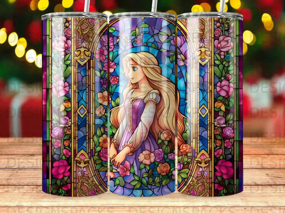 Rapunzel in stained glass with floral accents.
