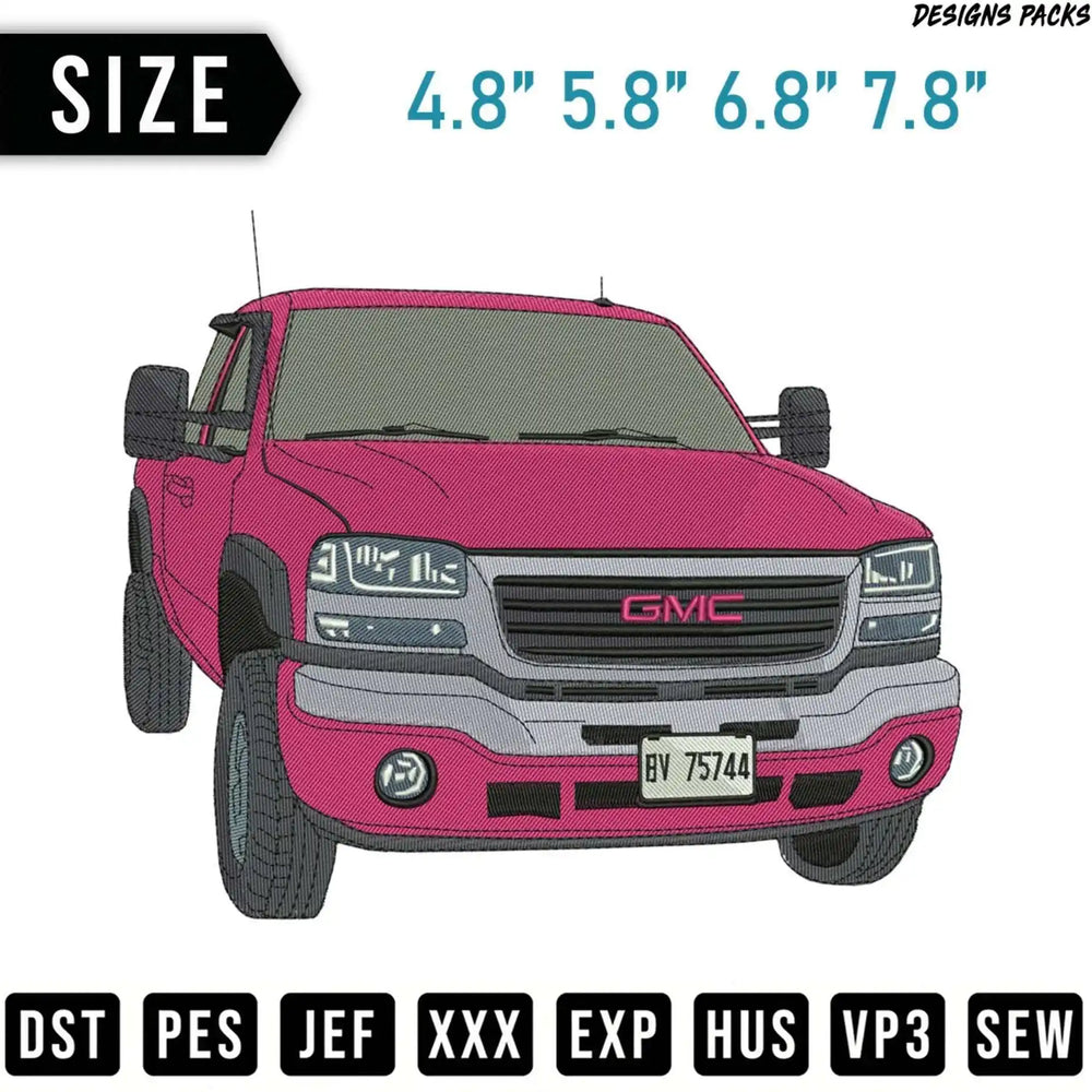Pink GMC truck embroidery design with size and file format options.