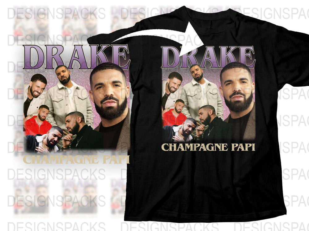 Drake Champagne Papi Graphic T-Shirt, Hip Hop Artist Merch, Music Fan Apparel, Multiple Poses, Black Cotton Tee