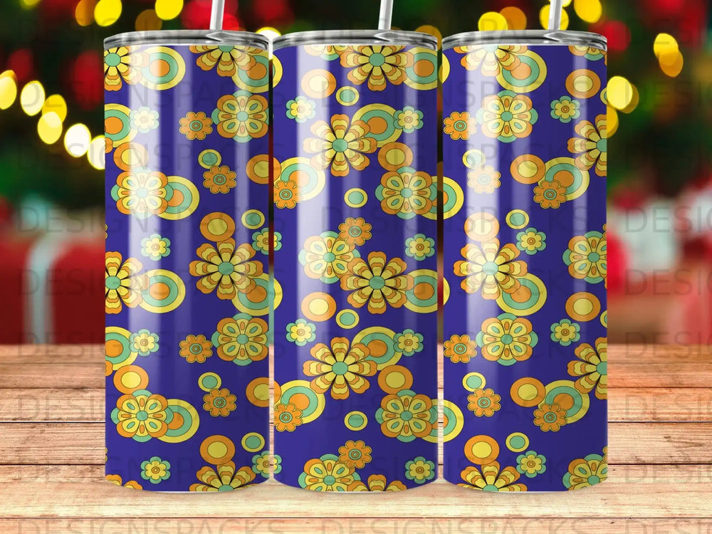 Three tumblers with a blue background and retro floral pattern.