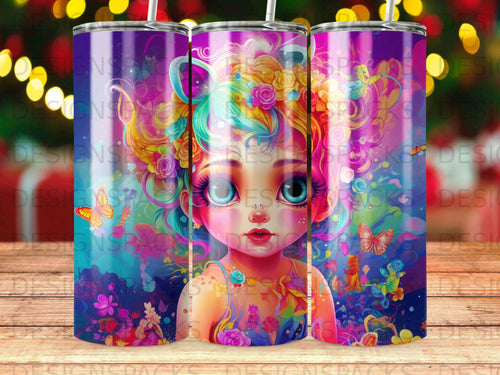 Child with colorful flowers and butterflies, digital art tumbler design.