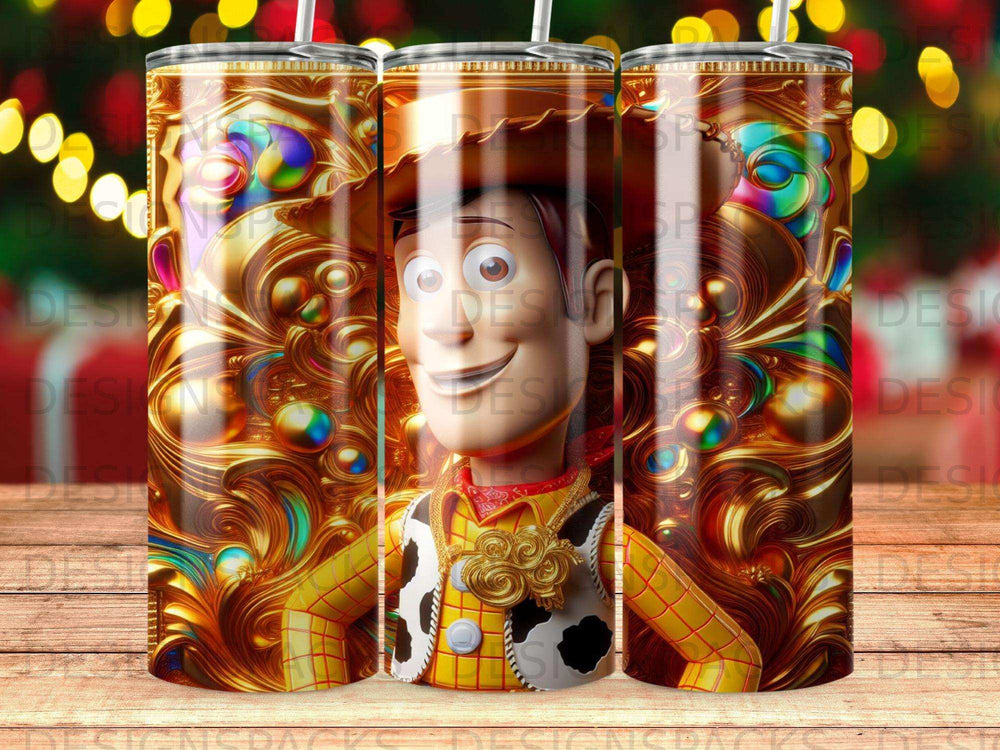 Toy Story's Woody character with a gold, ornate, swirling background pattern.