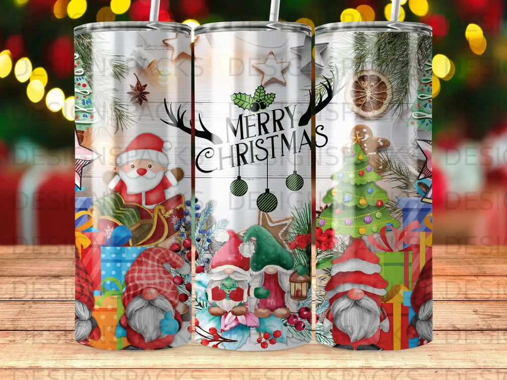 Christmas gnomes and gifts surround a tumbler with "Merry Christmas" text.