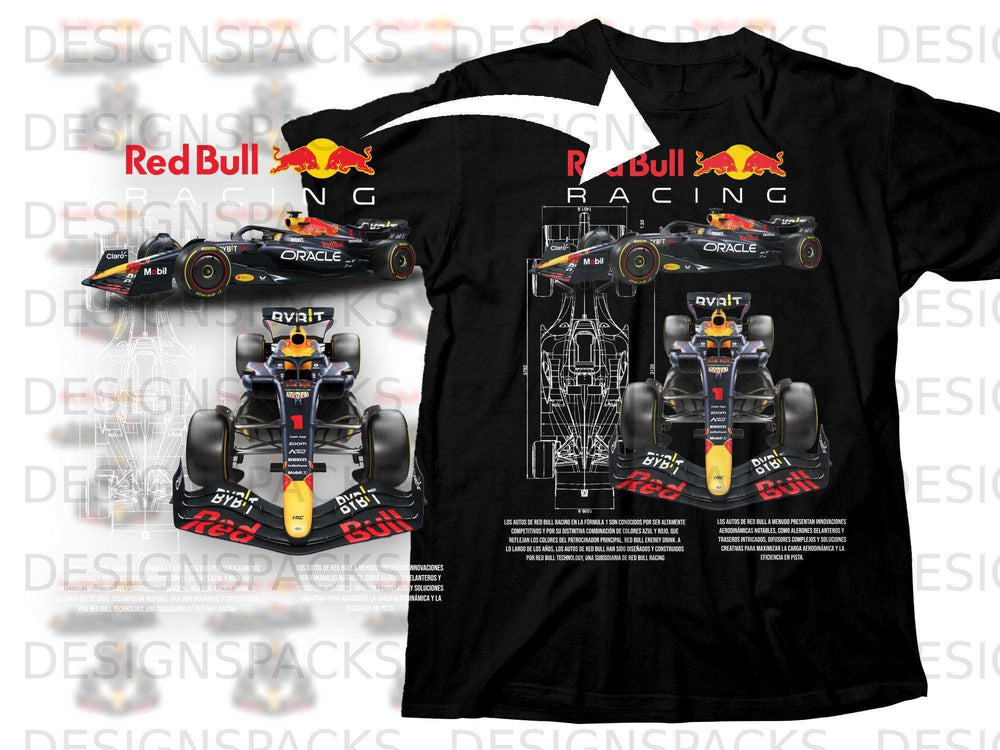 Red Bull Racing F1 car with detailed technical schematics and branding.
