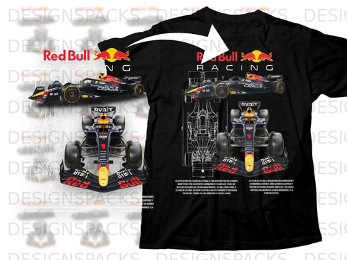 Red Bull Racing F1 car with detailed technical schematics and branding.