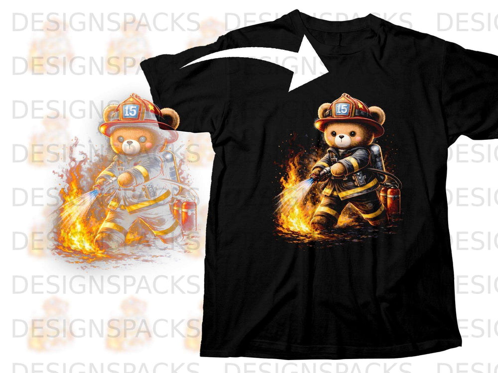 Bear firefighter spraying water on flames, wearing helmet with number 15.