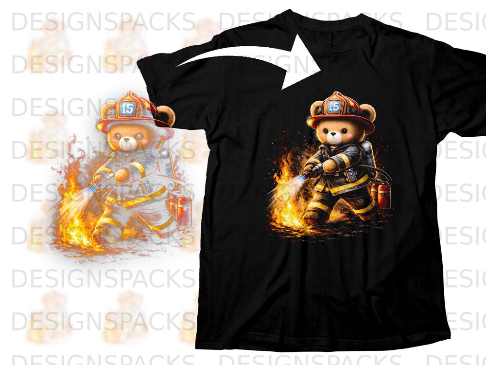 Bear firefighter spraying water on flames, wearing helmet with number 15.