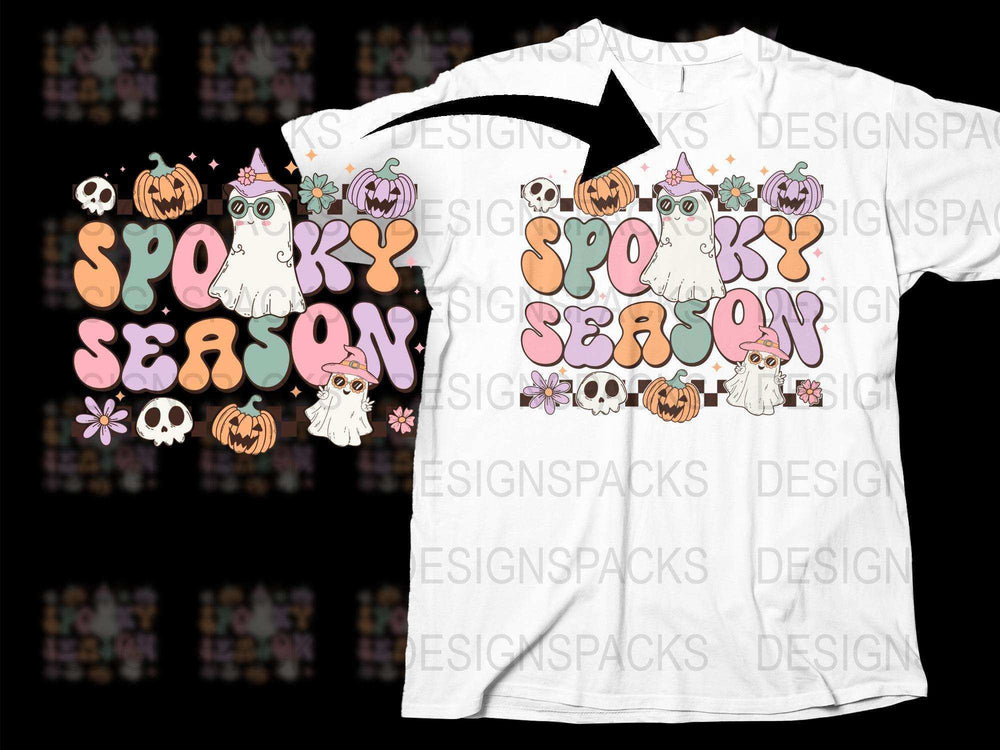 Spooky Season T-Shirt Cute Ghost Pumpkin Design Halloween Casual Wear Unisex Tee