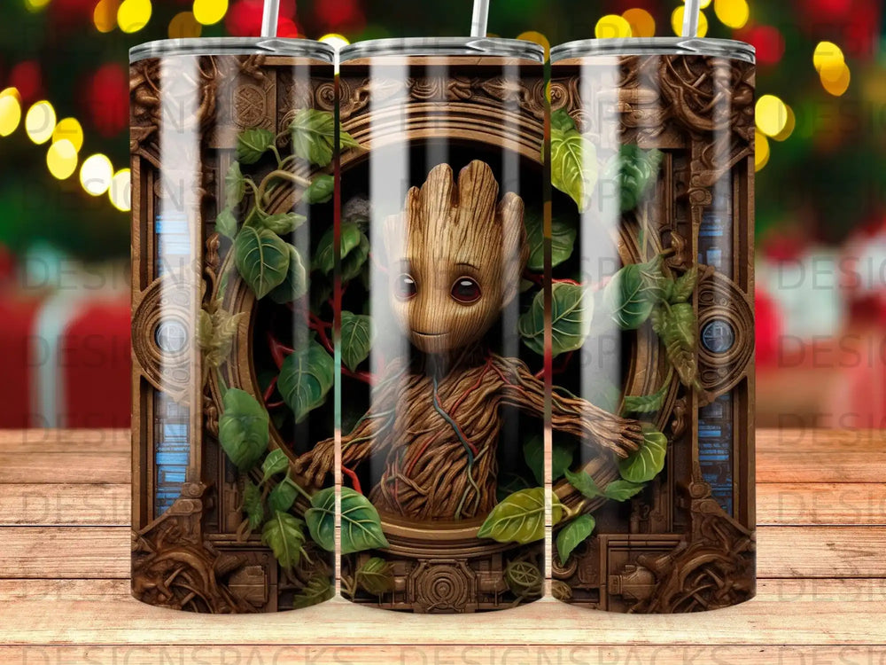 Groot in a circular wooden frame with vines and blue accents.