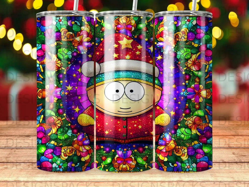 South Park character in Santa hat with stained glass pattern, festive background.