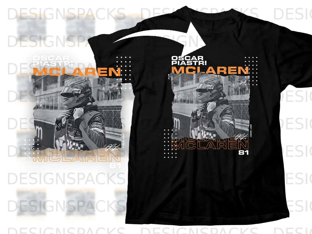 Black t-shirt with Oscar Piastri and McLaren F1 racing graphics and text.