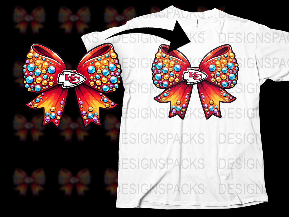 Kansas City Chiefs Inspired Rhinestone Bow T-Shirt, Sparkly Football Fan Gear, Women's Fashion Sports Apparel