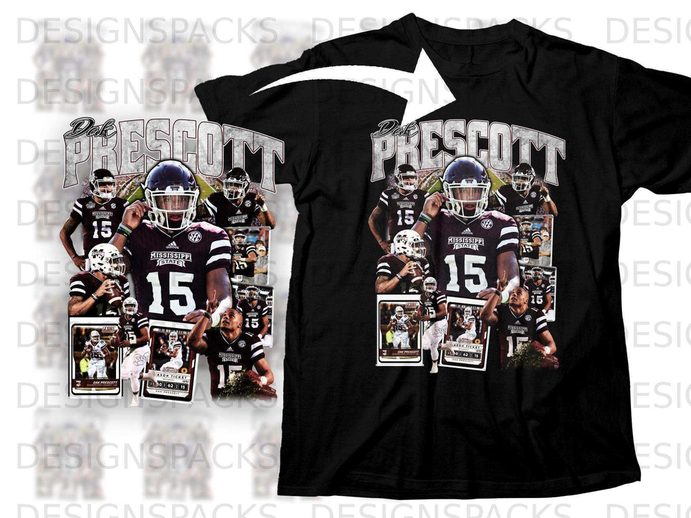 Dak Prescott Mississippi State football jersey with team logos and numbers.