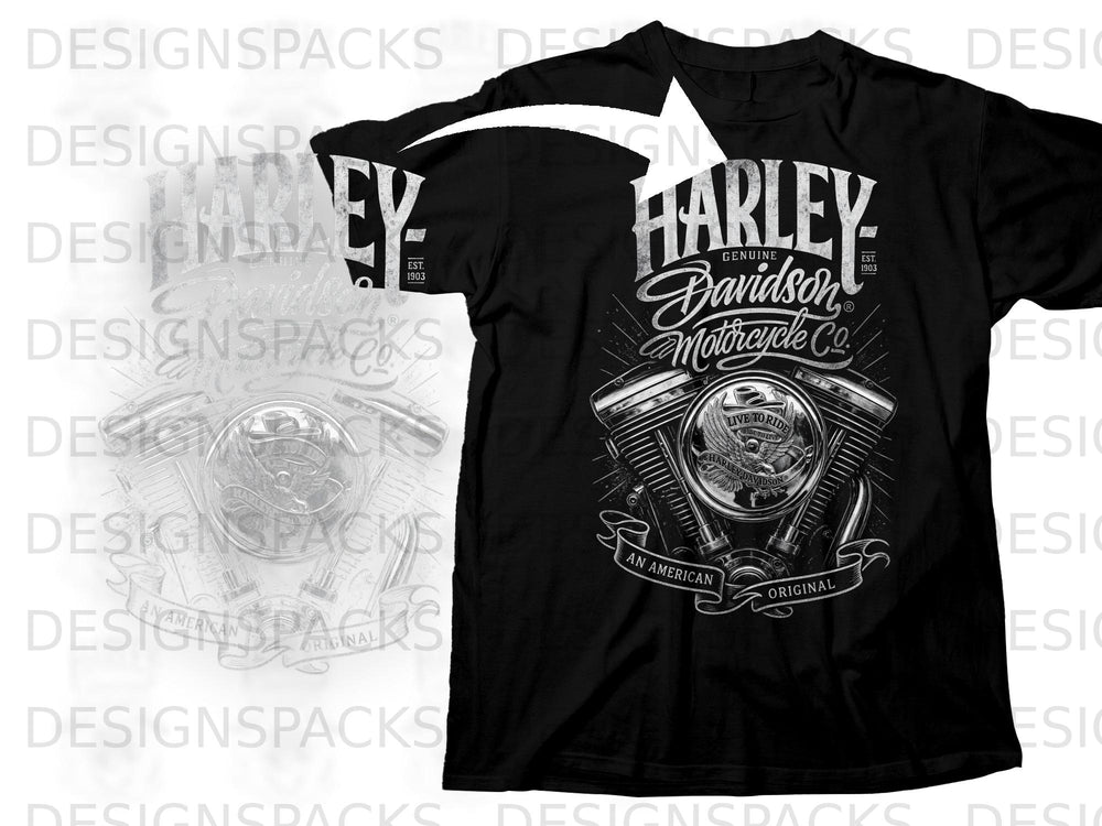 Black Harley-Davidson t-shirt with V-twin engine graphic and "An American Original" text.