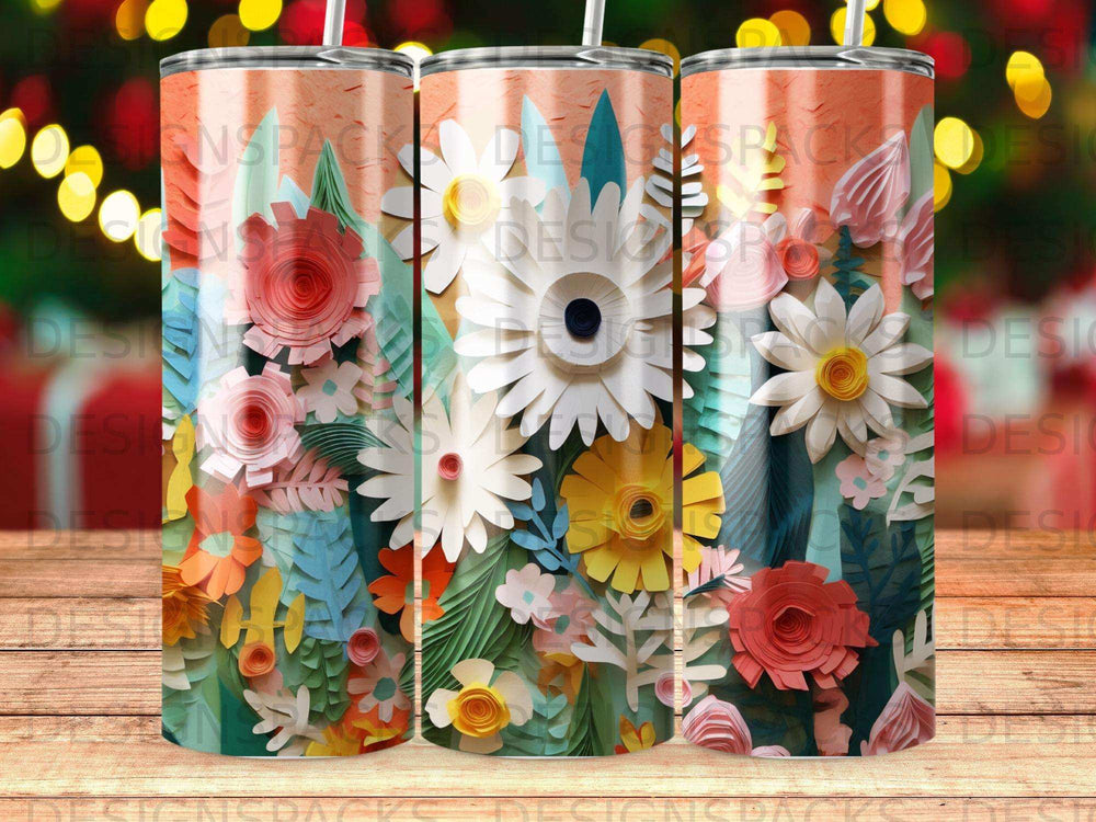 Floral tumbler with layered paper flowers in vibrant colors.