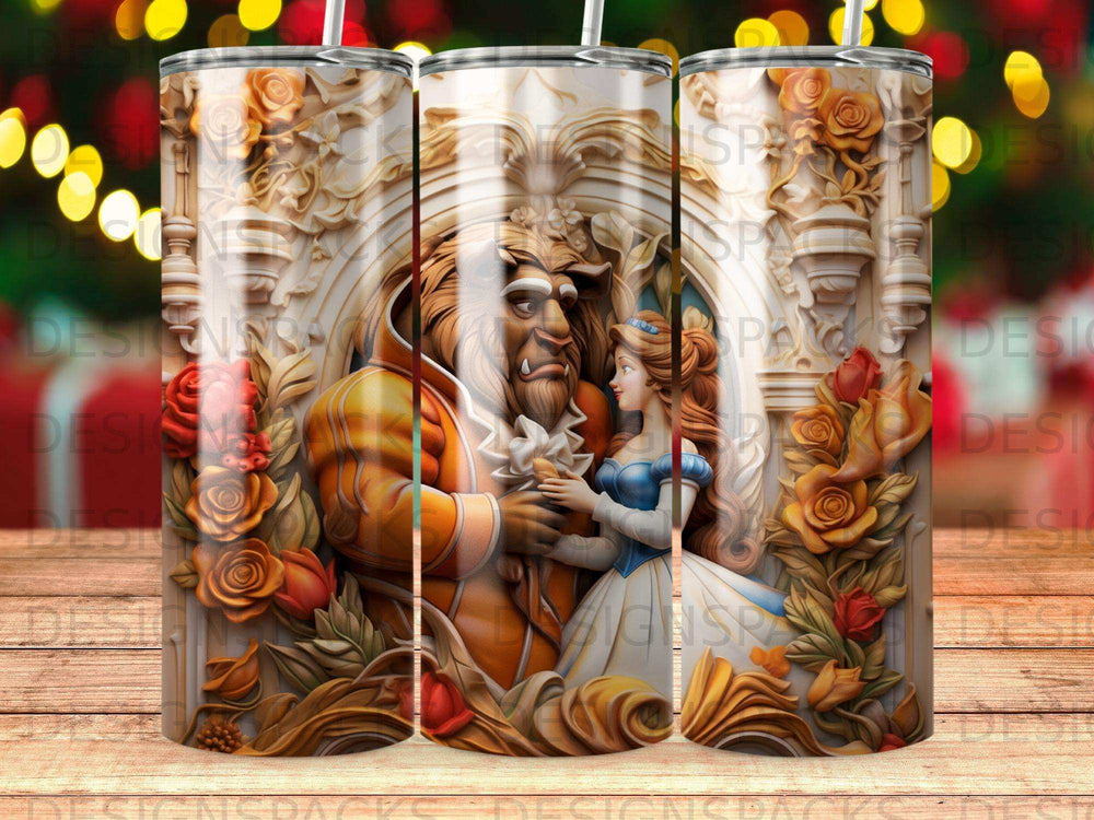 Beauty and the Beast characters with ornate floral and architectural details.