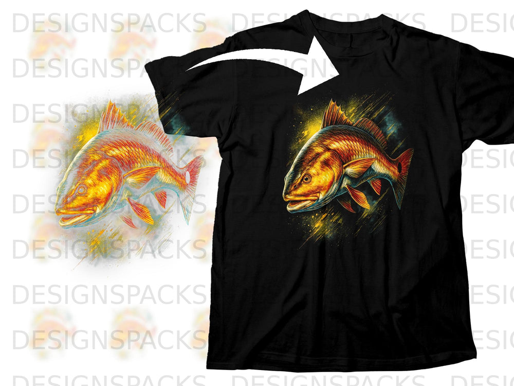 Black t-shirt with vibrant red fish graphic and artistic splatter details.