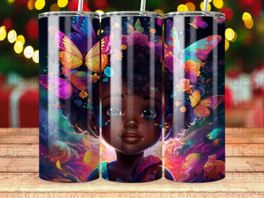Young Black girl with colorful butterflies and flowers on a tumbler.