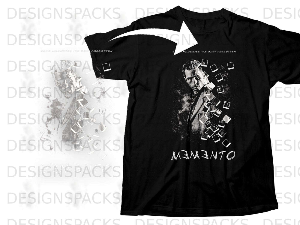 Black t-shirt with a distressed portrait and scattered Polaroids, text "MEMENTO".