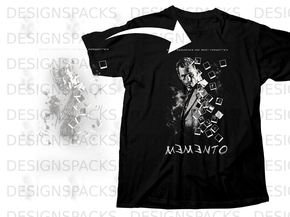Black t-shirt with a distressed portrait and scattered Polaroids, text "MEMENTO".