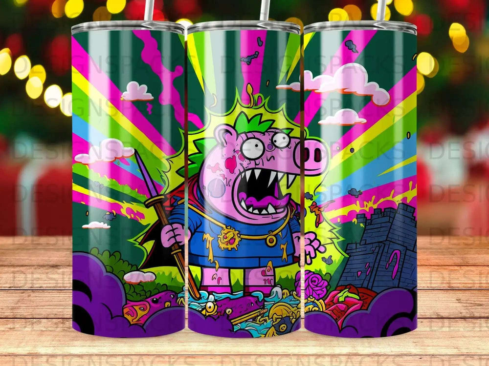 Cartoon pig monster with sword and shield, on a psychedelic background.