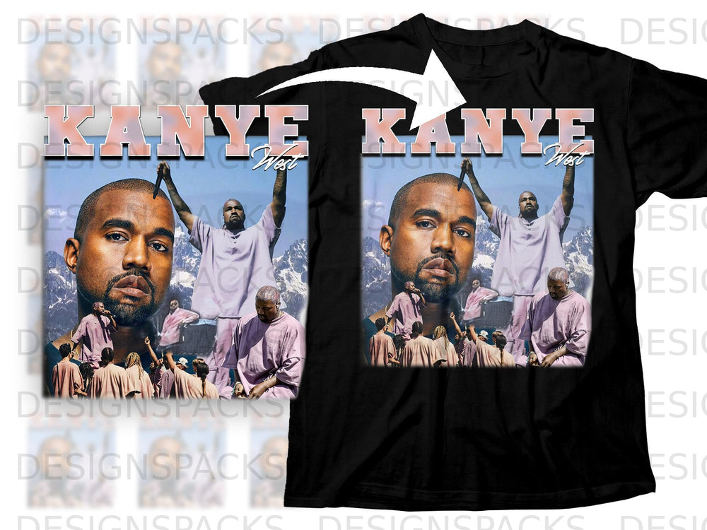 Black t-shirt with "Kanye West" graphic featuring artist and crowd scenes.