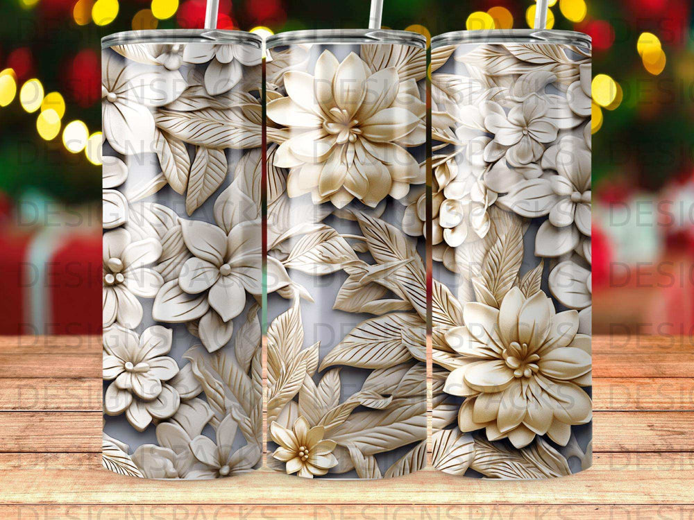 3D embossed floral pattern tumbler with muted gold and silver tones.