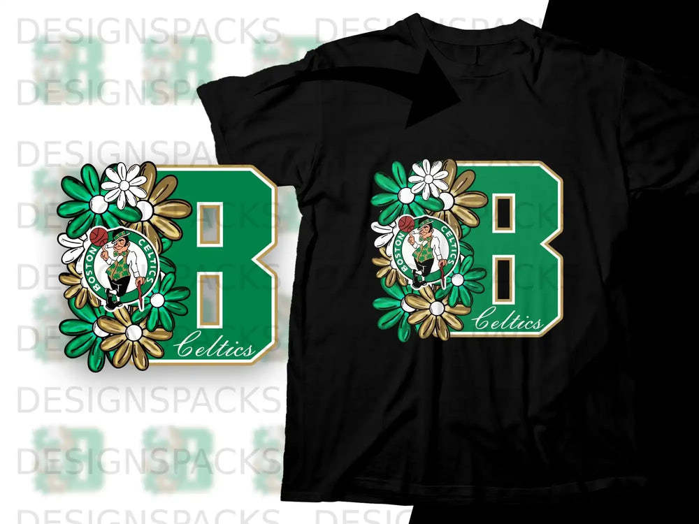 Black t-shirt with green "B" adorned with Celtics logo and flowers.