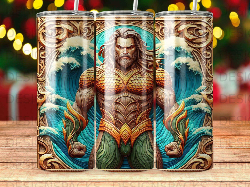 Man with trident and armor against a stylized ocean wave background.