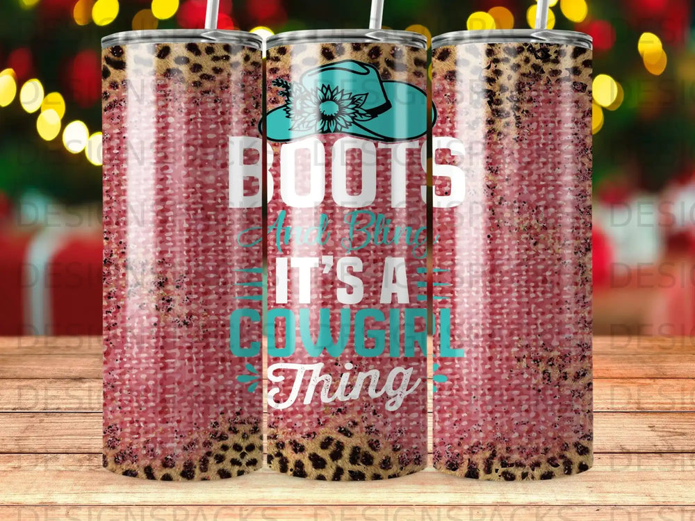 Pink leopard print tumbler with "Boots and Grit It's a Country Thing" text and a turquoise hat.