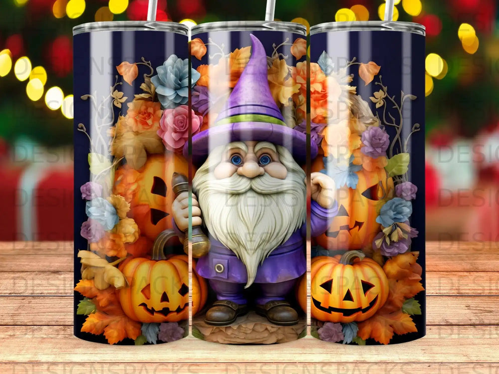 Gnome in a purple hat with pumpkins and autumn leaves.