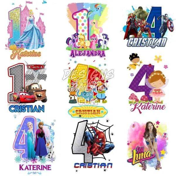 Personalized birthday designs with Disney, Marvel, and cartoon characters for t-shirts and gifts