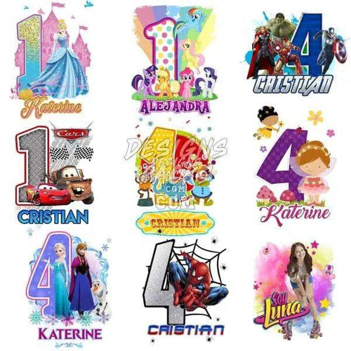 Personalized birthday designs with Disney, Marvel, and cartoon characters for t-shirts and gifts