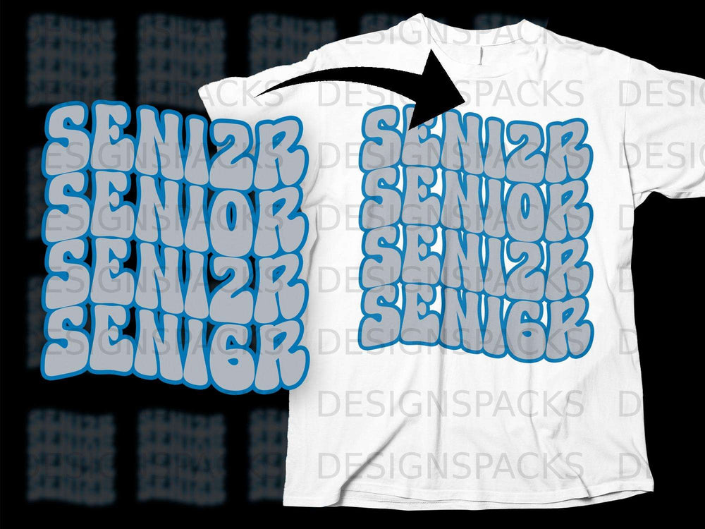 White t-shirt featuring "SENIOR" repeated in bubble text with a blue outline.